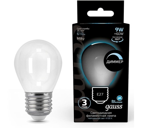 Лампа светодиодная Gauss Filament 105202209-D 9Вт цок.:E27 шар 220B 4100K св.свеч.бел.нейт. (упак.:10шт)