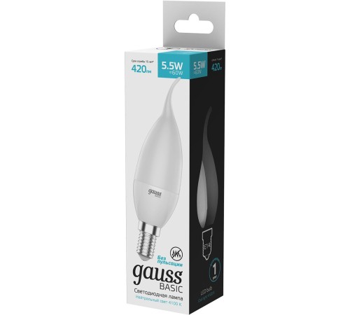 Лампа светодиодная Gauss Basic 1034116 5.5Вт цок.:E14 свеча 180B 3000K св.свеч.бел.теп. (упак.:10шт) Лампа светодиодная Gauss Basic 1034116 5.5Вт цок.:E14 свеча 180B 3000K св.свеч.бел.теп. (упак.:10шт)