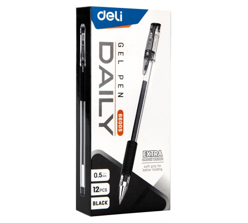 Ручка гелев. Deli Daily E6600SBlack прозрачный d=0.5мм черн. черн. резин. манжета