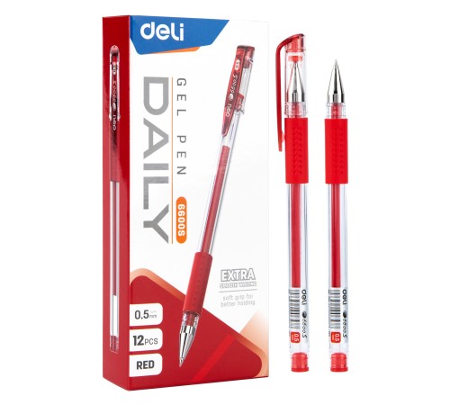Ручка гелев. Deli Daily E6600SRed прозрачный d=0.5мм красн. черн. резин. манжета