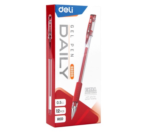 Ручка гелев. Deli Daily E6600SRed прозрачный d=0.5мм красн. черн. резин. манжета
