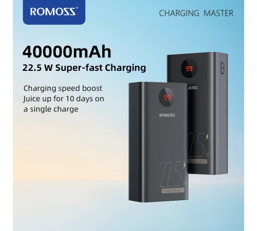 Мобильный аккумулятор Romoss PEA40PF 40000mAh QC3.0 22.5W 5A 2xUSB-A/USB-C черный (6973693499151)