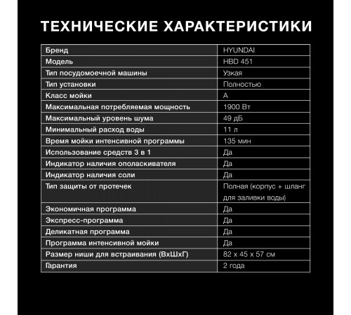 Посудомоечная машина встраив. Hyundai HBD 451 1900Вт узкая Посудомоечная машина встраив. Hyundai HBD 451 1900Вт узкая