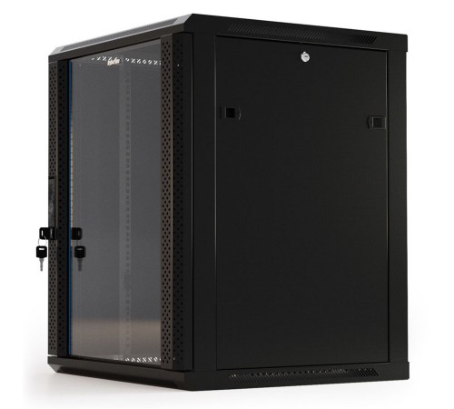 Шкаф серверный Hyperline (TWB-1566-GP-RAL9004) настенный 15U 600x600мм пер.дв.стекл 2 бок.пан. 60кг черный IP20 сталь