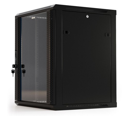 Шкаф серверный Hyperline (TWB-1245-GP-RAL9004) настенный 12U 600x450мм пер.дв.стекл 2 бок.пан. 60кг черный IP20 сталь Шкаф серверный Hyperline (TWB-1245-GP-RAL9004) настенный 12U 600x450мм пер.дв.стекл 2 бок.пан. 60кг черный IP20 сталь
