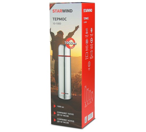 Термос Starwind 10-1000 1л. серебристый/красный картонная коробка Термос Starwind 10-1000 1л. серебристый/красный картонная коробка