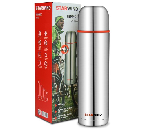Термос Starwind 20-1200 1.2л. серебристый/красный картонная коробка