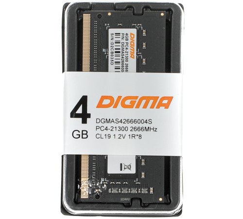 Память DDR4 4Gb 2666MHz Digma DGMAS42666004S RTL PC4-21300 CL19 SO-DIMM 260-pin 1.2В single rank Память DDR4 4Gb 2666MHz Digma DGMAS42666004S RTL PC4-21300 CL19 SO-DIMM 260-pin 1.2В single rank