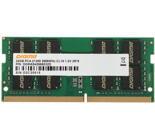 Память DDR4 32Gb 2666MHz Digma DGMAS42666032D RTL PC4-21300 CL19 SO-DIMM 260-pin 1.2В dual rank Память DDR4 32Gb 2666MHz Digma DGMAS42666032D RTL PC4-21300 CL19 SO-DIMM 260-pin 1.2В dual rank