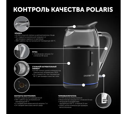 Чайник электрический Polaris PWK 1563CGL 1.5л. 2200Вт черный/прозрачный корпус: стекло/пластик