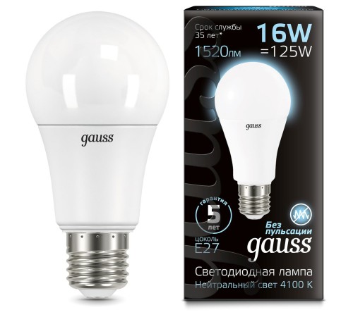 Лампа светодиодная Gauss A60 16Вт цок.:E27 груша 220B 4100K св.свеч.бел.ней. (упак.:10шт) (102502216) Лампа светодиодная Gauss A60 16Вт цок.:E27 груша 220B 4100K св.свеч.бел.ней. (упак.:10шт) (102502216)