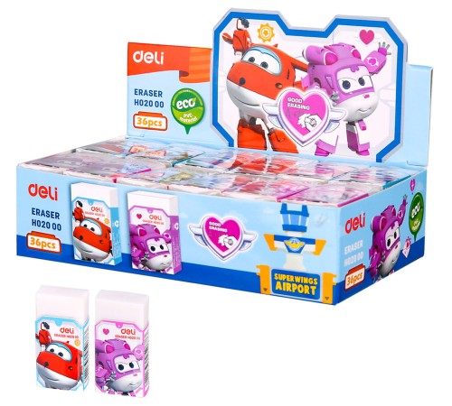 Ластик Deli EH02000 Super Wings 45x25x12мм белый картонный дисплей