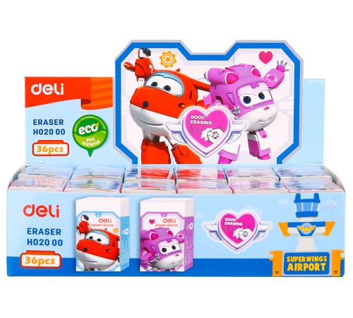 Ластик Deli EH02000 Super Wings 45x25x12мм белый картонный дисплей