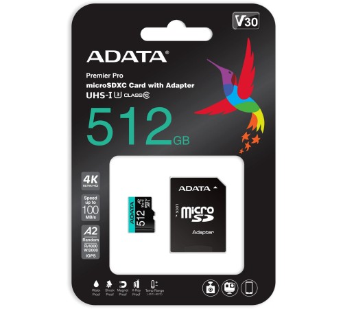 Флеш карта microSDHC 512Gb Class10 A-Data AUSDX512GUI3V30SA2-RA1 + adapter