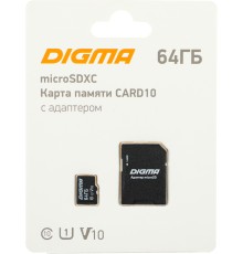Флеш карта microSDXC 64Gb Class10 Digma CARD10 + adapter