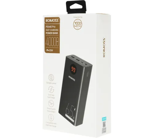 Мобильный аккумулятор Romoss PEA40 Pro 40000mAh QC3.0/PD3.0 65W 3A 2xUSB-A/USB-C черный