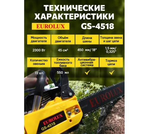 Бензопила Eurolux GS-4518 2300Вт 3.1л.с. дл.шины:18" (45cm) (70/6/25) Бензопила Eurolux GS-4518 2300Вт 3.1л.с. дл.шины:18" (45cm) (70/6/25)