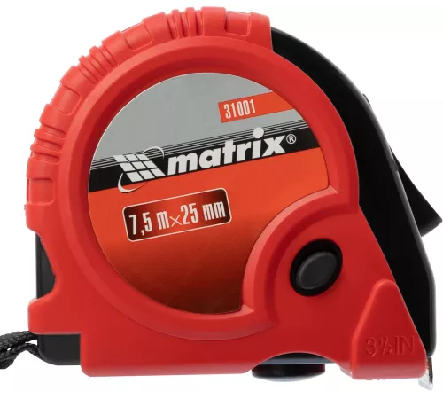 Рулетка строительная Matrix Rubber дл.полотна 7.5м изм.шкала в см зацеп простой красный/черный (31001)