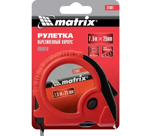 Рулетка строительная Matrix Rubber дл.полотна 7.5м изм.шкала в см зацеп простой красный/черный (31001)
