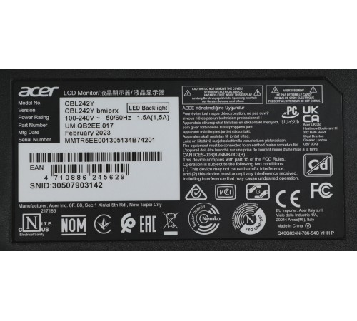 Монитор Acer 23.8" CBL242Ybmiprx черный IPS LED 1ms 16:9 HDMI M/M матовая HAS Piv 250cd 178гр/178гр 1920x1080 75Hz FreeSync VGA DP FHD 4.29кг