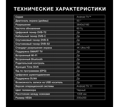 Телевизор LED Hyundai 50" H-LED50BU7006 Android TV Frameless Metal черный 4K Ultra HD 60Hz DVB-T2 DVB-C DVB-S DVB-S2 USB WiFi Smart TV Телевизор LED Hyundai 50" H-LED50BU7006 Android TV Frameless Metal черный 4K Ultra HD 60Hz DVB-T2 DVB-C DVB-S DVB-S2 USB WiFi Smart TV