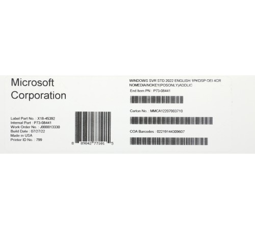 Windows Svr Std 2022 English 1pkDSP OEI 4Cr NoMedia/NoKey(POSOnly)AddLic