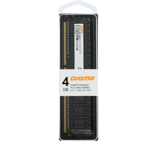 Память DDR3L 4Gb 1600MHz Digma DGMAD31600004S RTL PC3-12800 CL11 DIMM 240-pin 1.35В Низкопрофильная single rank Память DDR3L 4Gb 1600MHz Digma DGMAD31600004S RTL PC3-12800 CL11 DIMM 240-pin 1.35В Низкопрофильная single rank