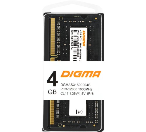 Память DDR3L 4Gb 1600MHz Digma DGMAS31600004S RTL PC3-12800 CL11 SO-DIMM 204-pin 1.35В single rank Память DDR3L 4Gb 1600MHz Digma DGMAS31600004S RTL PC3-12800 CL11 SO-DIMM 204-pin 1.35В single rank