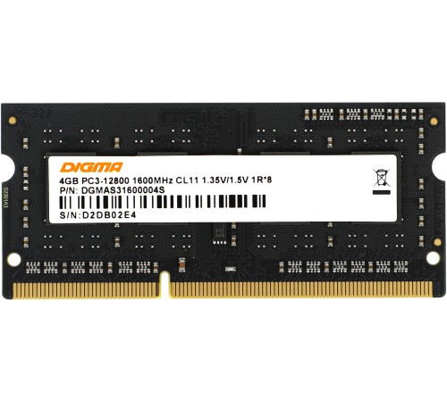 Память DDR3L 4Gb 1600MHz Digma DGMAS31600004S RTL PC3-12800 CL11 SO-DIMM 204-pin 1.35В single rank Память DDR3L 4Gb 1600MHz Digma DGMAS31600004S RTL PC3-12800 CL11 SO-DIMM 204-pin 1.35В single rank
