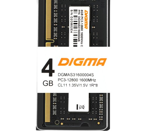 Память DDR3L 4Gb 1600MHz Digma DGMAS31600004S RTL PC3-12800 CL11 SO-DIMM 204-pin 1.35В single rank Память DDR3L 4Gb 1600MHz Digma DGMAS31600004S RTL PC3-12800 CL11 SO-DIMM 204-pin 1.35В single rank