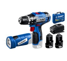 ЗУБР 12В + LED фонарь, 2 АКБ (2Ач), в кейсе, дрель-шуруповерт, Профессионал.  DL-121-22F