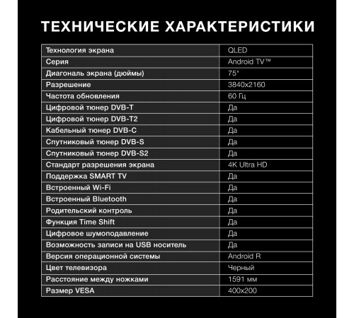 Телевизор QLED Hyundai 75" H-LED75QBU7500 Android TV Frameless черный/серебристый 4K Ultra HD 60Hz DVB-T DVB-T2 DVB-C DVB-S DVB-S2 USB WiFi Smart TV Телевизор QLED Hyundai 75" H-LED75QBU7500 Android TV Frameless черный/серебристый 4K Ultra HD 60Hz DVB-T DVB-T2 DVB-C DVB-S DVB-S2 USB WiFi Smart TV