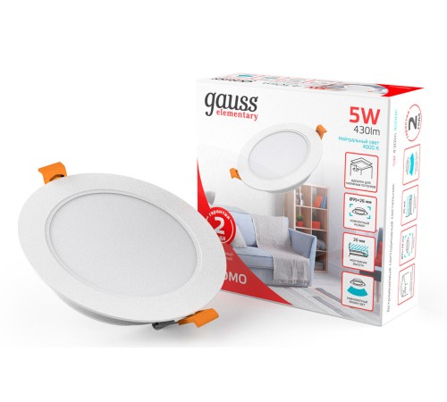 Светильник Gauss Elementary Downlight 5Вт 4000K белый круглый (9100420205) Светильник Gauss Elementary Downlight 5Вт 4000K белый круглый (9100420205)