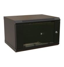 WRline Шкаф настенный 19-дюймовый (19"), 9U, 500х600х600мм, стеклянная дверь с перфорацией по бокам, ручка с замком, цвет черный (RAL 9004) (разобранный)