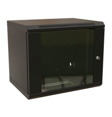 WRline Шкаф настенный 19-дюймовый (19"), 12U, 650х600х600мм, стеклянная дверь с перфорацией по бокам, ручка с замком, цвет черный (RAL 9004) (разобранный)