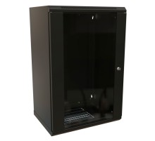 WRline Шкаф настенный 19-дюймовый (19"), 22U, 1086х600х450мм, стеклянная дверь с перфорацией по бокам, ручка с замком, цвет черный (RAL 9004) (разобранный)
