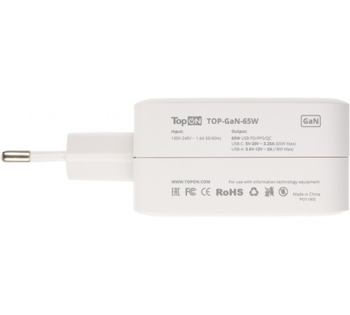 Блок питания TopON TOP-GaN-65W автоматический 65W 5V-20V 3.25A 2xUSB от бытовой электросети LED индикатор Блок питания TopON TOP-GaN-65W автоматический 65W 5V-20V 3.25A 2xUSB от бытовой электросети LED индикатор