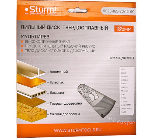 Диск пильный Sturm! 9023-185-20/16-60 d=185мм d(посад.)=20мм (циркулярные пилы) Диск пильный Sturm! 9023-185-20/16-60 d=185мм d(посад.)=20мм (циркулярные пилы)