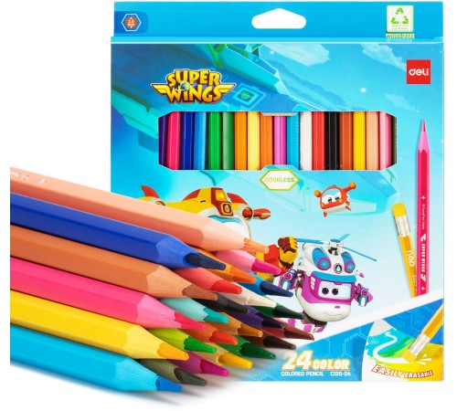 Карандаши цв. Deli EC126-24 Super Wings шестигран. пластик кор.европод. (24шт)