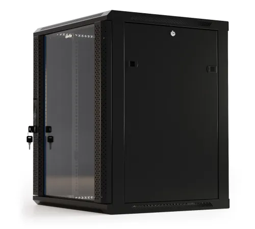 Шкаф коммутационный Hyperline (TWB-2766-GP-RAL9004) настенный 27U 600x600мм пер.дв.стекл 2 бок.пан. 60кг черный 49.9кг 1304мм