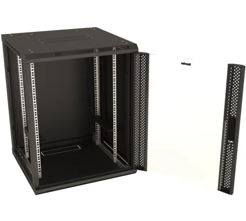Шкаф коммутационный Hyperline (TWB-2766-GP-RAL9004) настенный 27U 600x600мм пер.дв.стекл 2 бок.пан. 60кг черный 49.9кг 1304мм