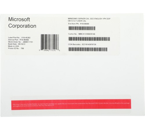 Windows Server CAL 2022 English 1pk DSP OEI 5 Clt User CAL Windows Server CAL 2022 English 1pk DSP OEI 5 Clt User CAL