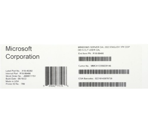 Windows Server CAL 2022 English 1pk DSP OEI 5 Clt User CAL Windows Server CAL 2022 English 1pk DSP OEI 5 Clt User CAL