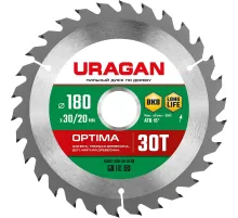 Диск URAGAN Optima 180х30/20мм 30Т, диск пильный по дереву