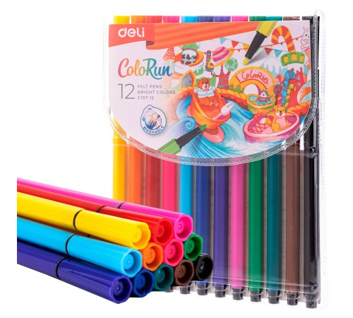 Фломастеры Deli EC157-12 12цв. пакет с европодвесом