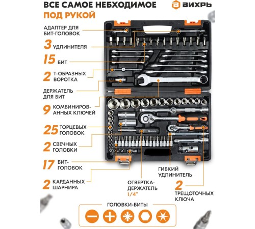 Набор инструментов Вихрь АВТО, 1/2" , 1/4" , CrV 82 предмета (жесткий кейс) Набор инструментов Вихрь АВТО, 1/2" , 1/4" , CrV 82 предмета (жесткий кейс)