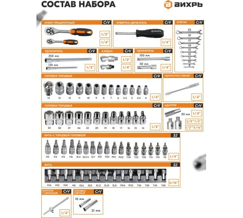 Набор инструментов Вихрь АВТО, 1/2" , 1/4" , CrV 82 предмета (жесткий кейс) Набор инструментов Вихрь АВТО, 1/2" , 1/4" , CrV 82 предмета (жесткий кейс)