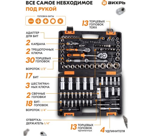 Набор инструментов Вихрь 1/2", 1/4", CrV 108 предметов (жесткий кейс) Набор инструментов Вихрь 1/2", 1/4", CrV 108 предметов (жесткий кейс)