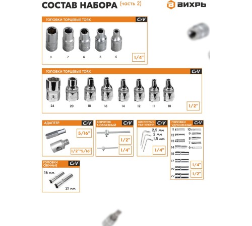 Набор инструментов Вихрь 1/2", 1/4", CrV 108 предметов (жесткий кейс) Набор инструментов Вихрь 1/2", 1/4", CrV 108 предметов (жесткий кейс)