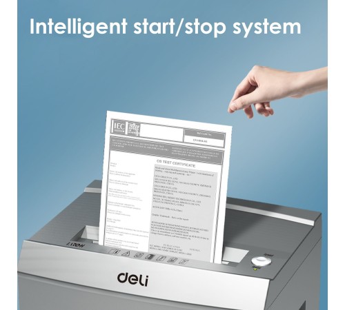 Шредер Deli ET096 серый с автоподачей (секр.P-5) фрагменты 16лист. 30лтр. скрепки скобы пл.карты CD